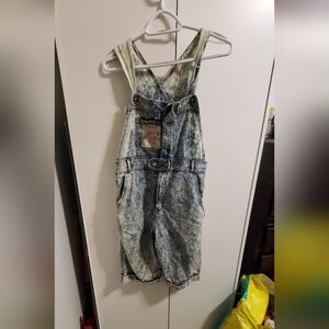 Acid Wash Demin Shorts Overalls with Concert Ticket applique